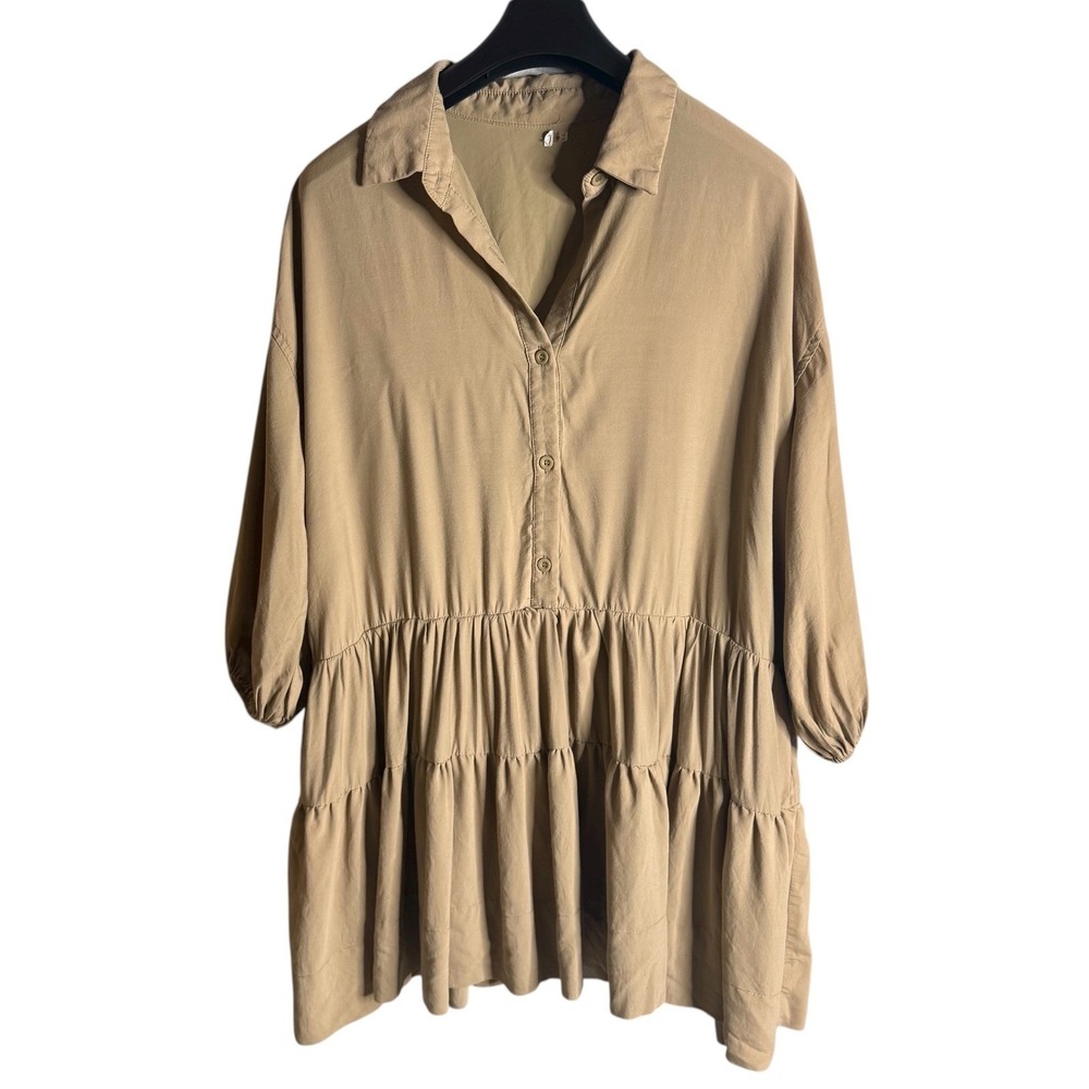 Boho Tiered Babydoll Shirt Dress Tan Khaki Size M Urban Outfitters Style - Picture 2 of 10